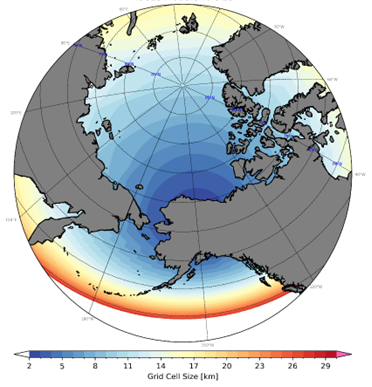 Model grid cell size of the Coastal Alaska Panarctic Modeling and Assimilation System (APL/UW)